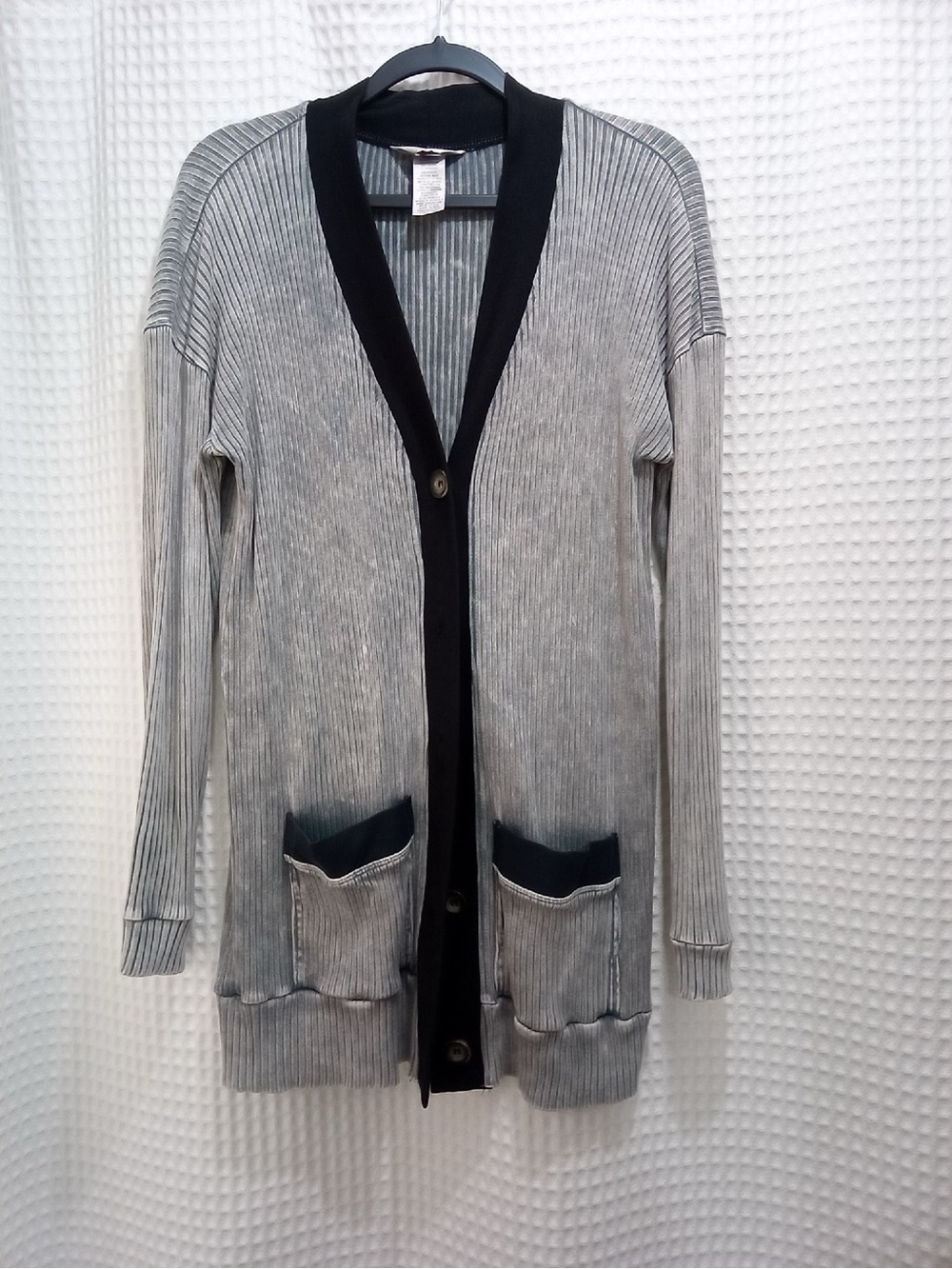 Hard Tail wash Gray Ribbed Open-Front Cardigan with Black Trim